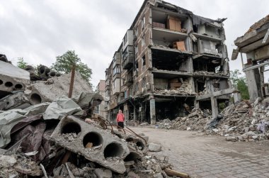 destroyed and burned houses in the city Russia Ukraine war