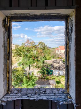 destroyed and burned houses in the city Russia Ukraine war