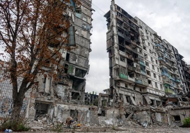 destroyed and burned houses in the city Russia Ukraine war
