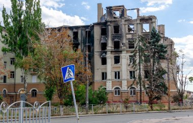 destroyed and burned houses in the city Russia Ukraine war