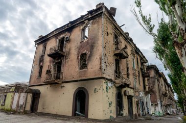 destroyed and burned houses in the city Russia Ukraine war