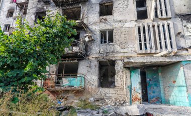 destroyed and burned houses in the city Russia Ukraine war