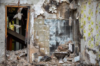 destroyed and burned houses in the city Russia Ukraine war
