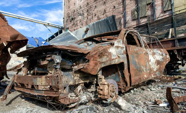 Burnt Military Armored Car Street Ruined City War Ukraine Russia — 图库照片