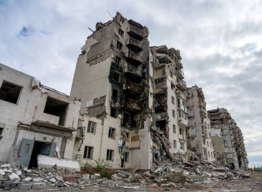 destroyed and burned houses in the city Russia Ukraine war