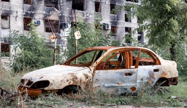destroyed and burned houses in the city Russia Ukraine war