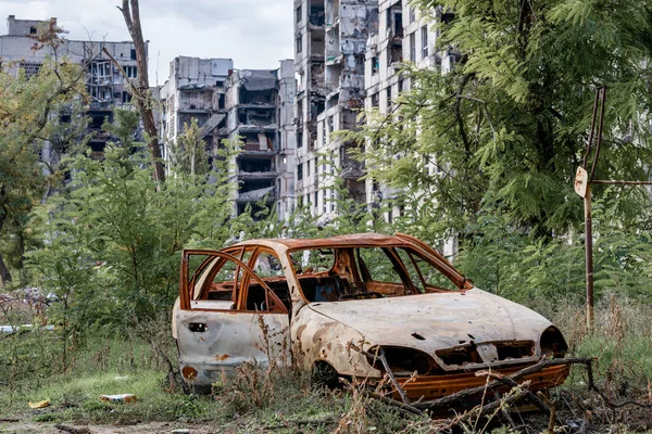 Destroyed Burned Houses City Russia Ukraine War — Stockfoto