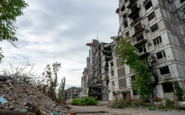 destroyed and burned houses in the city Russia Ukraine war