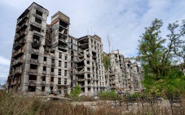destroyed and burned houses in the city Russia Ukraine war