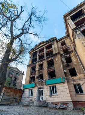 destroyed and burned houses in the city Russia Ukraine war