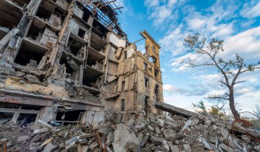 destroyed and burned houses in the city Russia Ukraine war