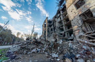 destroyed and burned houses in the city Russia Ukraine war