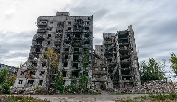 Destroyed Burned Houses City Russia Ukraine War — Stock fotografie