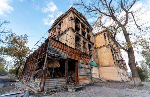 Destroyed Burned Houses City Russia Ukraine War — Stock fotografie