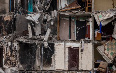 destroyed and burned houses in the city Russia Ukraine war