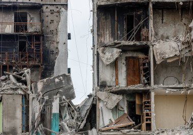 destroyed and burned houses in the city Russia Ukraine war