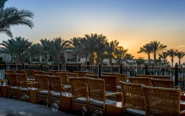 Şafak vakti gökyüzü palmiyeleri ve Sharm El Sheikh 'deki otel