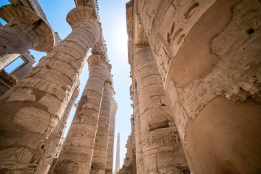 Mısır 'da, Luksor' daki sütunlu salonda, insansız antik heykel.