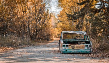 Sonbaharda Çernobil Ukrayna 'da ağaçlar ve yapraklarla dolu bozuk bir araba.