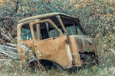 Sonbaharda Çernobil Ukrayna 'da eski bir araba kulübesinin ve ağaçların parçası.