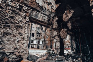 destroyed and burned houses in the city Russia Ukraine war