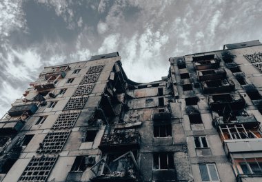 destroyed and burned houses in the city Russia Ukraine war