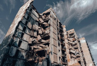 destroyed and burned houses in the city Russia Ukraine war