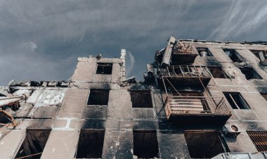 destroyed and burned houses in the city Russia Ukraine war