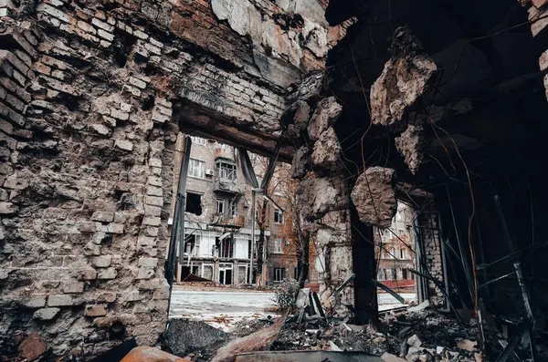 destroyed and burned houses in the city Russia Ukraine war