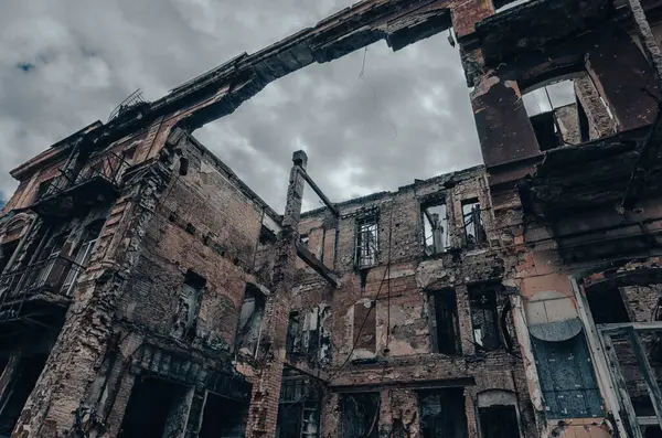 destroyed and burned houses in the city Russia Ukraine war