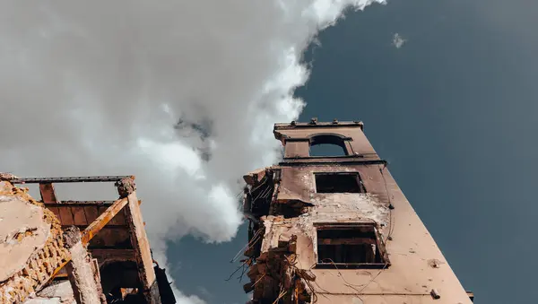 Destroyed Burned Houses City Russia Ukraine War Stok Fotoğraf