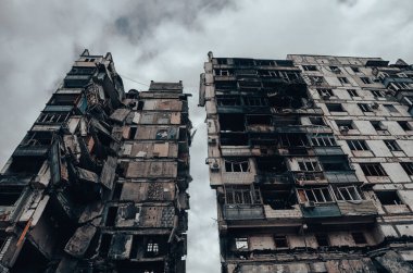 destroyed and burned houses in the city Russia Ukraine war