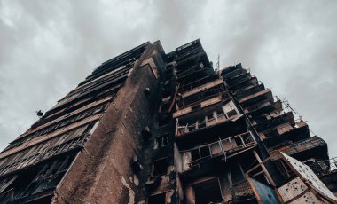 destroyed and burned houses in the city Russia Ukraine war