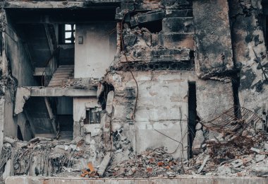 destroyed and burned houses in the city Russia Ukraine war