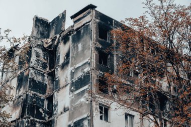 destroyed and burned houses in the city Russia Ukraine war