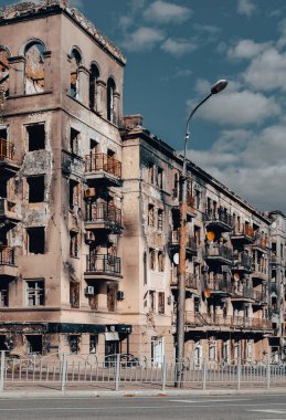 destroyed and burned houses in the city Russia Ukraine war