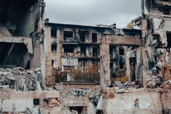 Destroyed Burned Houses City Russia Ukraine War — Stockfoto