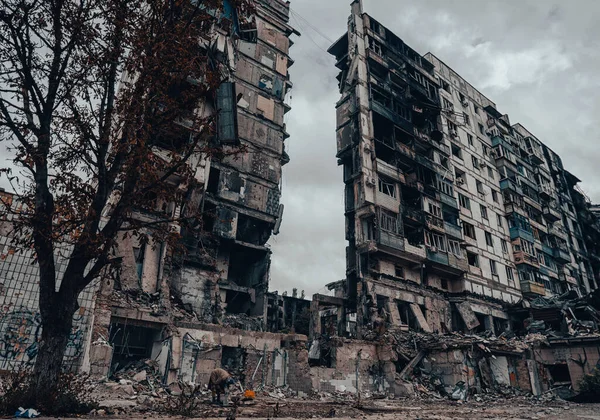 Destroyed Burned Houses City Russia Ukraine War Stok Resim
