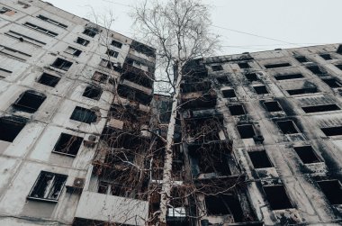 Ukrayna 'daki savaş sırasında şehirdeki evleri yakıp yıktılar.