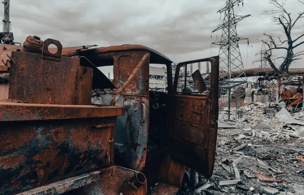 Burnt Cars Destroyed Buildings Workshop Azovstal Plant Mariupol War Ukraine — ストック写真