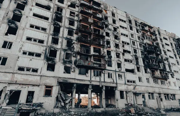Destroyed Burned Houses City War Ukraine — Stockfoto