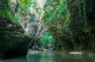 Gürcistan 'da bir kanyonda yüksek uçurumları, yeşil bitkileri ve turistleri olan dağ nehri.