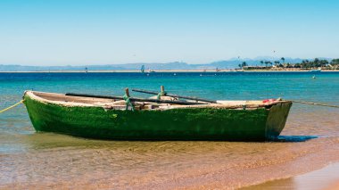 Mısır palmiye ağaçları ile plajın arka planda denizde eski ahşap balıkçı teknesi. Dahab