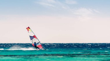 Sharm El Sheikh 'te açık bir gökyüzünün arka planında sörfçüler Kızıl Deniz' e biniyor.