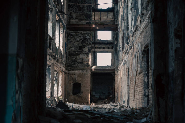 destroyed building in a city lost during the war with Ukraine without people