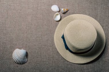 vacation flat view with straw hat and sea shells on the mat clipart