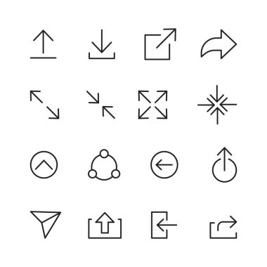 Genel sosyal medya kullanıcı arayüzü simgeleri kümesi. Web sitesi ve uygulama için ok. Paylaşım simgesi logo illüstrasyonu, düzenlenebilir vuruş, beyazı izole edilmiş düz tasarım biçimi