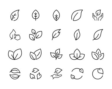 Yaprak, dal simgesi seti, çevre dostu ekoloji simgeleri. Çevresel Yapraklar, doğal, eko, vegan, biyolojik etiketler vektör çizgisi çizgisi düzenlenebilir çizim biçimi beyaz üzerine izole edilmiş