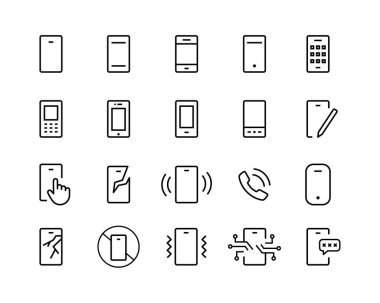 Akıllı Telefon Hizmet Hattı simgesi seti. Cep telefonu doğrusal simgeleri. Mobil teknoloji ana hat vektör işareti koleksiyonu. Onarımsal koruma sorunlu vuruş beyaz, bileşen, uygulamalar izole