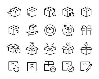 Teslimat simgesi seti Açık Kutu, Paket Dönüş, Tahta Sandık Kutusu, Ürün Paket Kutuları Simgeleri içerir. Öncelikli Sevkiyat, Ekspres, Teslimat, İzleme Kapısı, düzenlenebilir vuruş beyaz çizgide izole edildi
